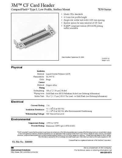3M 7E50 Series CF Card Header CompactFlash Type I Low Profile Surface Mount Datasheet - cover page