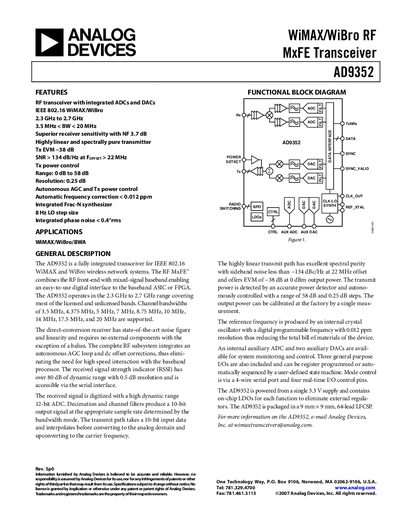 Analog Devices AD9352 RF MxFE Transceiver Datasheet - cover page
