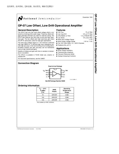 National Semiconductor OP-07 Operational Amplifier Datasheet