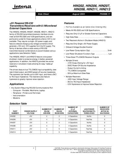 Intersil HIN202/HIN206/HIN207/HIN208/HIN211/HIN213 RS-232 Transceiver Datasheet - cover page