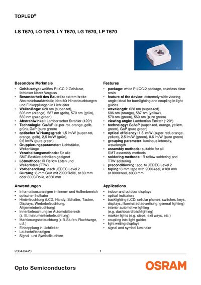OSRAM T670 Series LED Datasheet - cover page