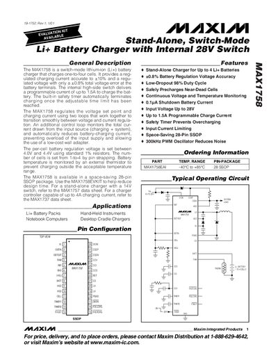 Maxim Integrated MAX1758 Stand-Alone Switch-Mode Li+ Battery Charger with Internal 28V Switch Datasheet - cover page