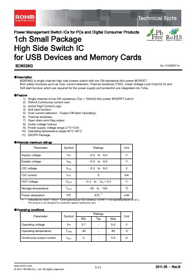 ROHM BD6538G High‑Side Switch IC Technical Note - cover page