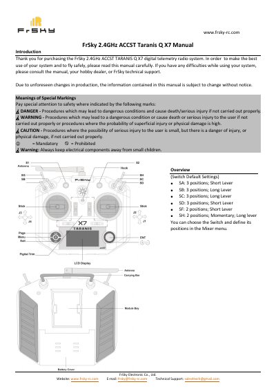 FrSky Taranis Q X7 Digital Telemetry Radio System Instruction Manual