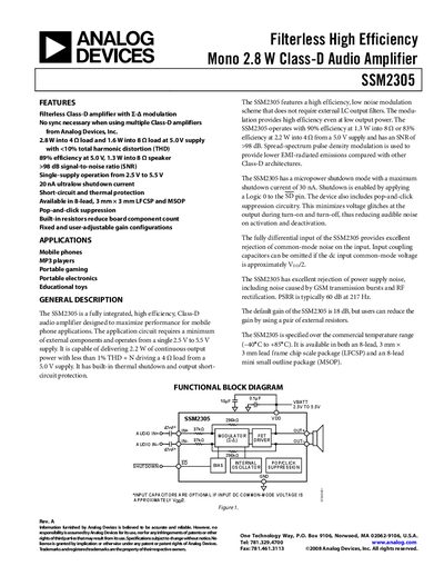 Analog Devices SSM2305 Class‑D Audio Amplifier Datasheet - cover page
