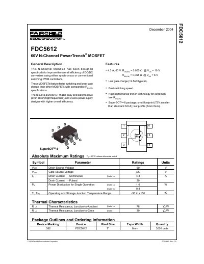 Fairchild Semiconductor FDC5612 60V N-Channel PowerTrench MOSFET Datasheet - cover page