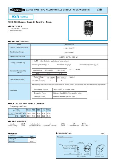 Rubycon VXR Large Can Type Aluminum Electrolytic Capacitors Datasheet - cover page