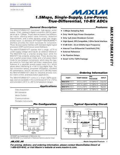 Maxim MAX1070/MAX1071 1.5Msps Single-Supply Low-Power True-Differential 10-Bit ADCs Datasheet - cover page