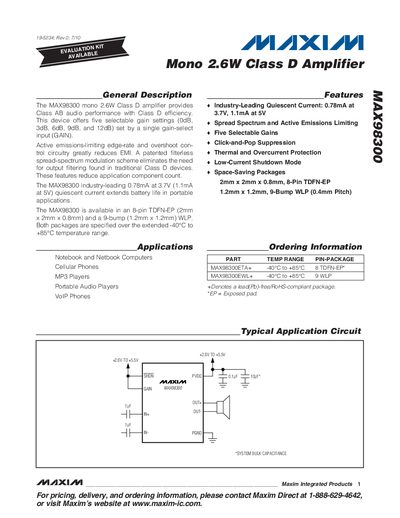 Maxim MAX98300 Mono 2.6W Class D Amplifier Datasheet - cover page
