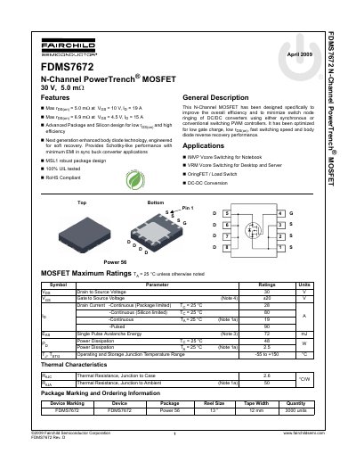 Fairchild Semiconductor FDMS7672 N-Channel MOSFET Datasheet