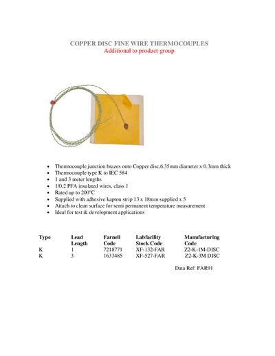 Labfacility Copper Disc Fine Wire Thermocouples Product Leaflet - cover page
