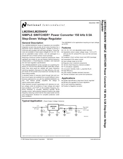 National Semiconductor LM2594/LM2594HV SIMPLE SWITCHER Power Converter 150 kHz 0.5A Step-Down Voltage Regulator Datashee - cover page