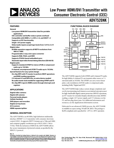 Analog Devices ADV7520NK HDMI/DVI Transmitter Datasheet