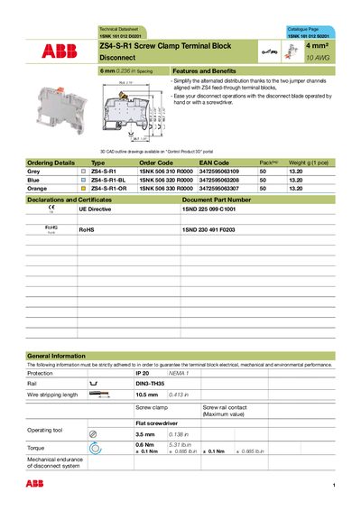 ABB ZS4‑S‑R1 Terminal Block Datasheet - cover page