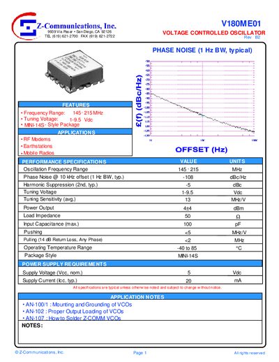 Z-Communications V180ME01 Voltage Controlled Oscillator Datasheet - cover page