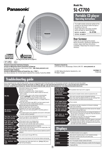 Panasonic SL-CT700 Portable CD Player User Manual - cover page