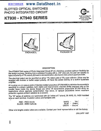 Optek KT930-KT940 Series Slot Optical Switch Datasheet - cover page