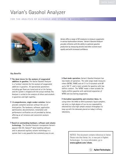 Varian Gasohol Analyzer Product Information Sheet - cover page