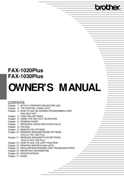Brother FAX-1020Plus and FAX-1030Plus Owner's Manual - cover page