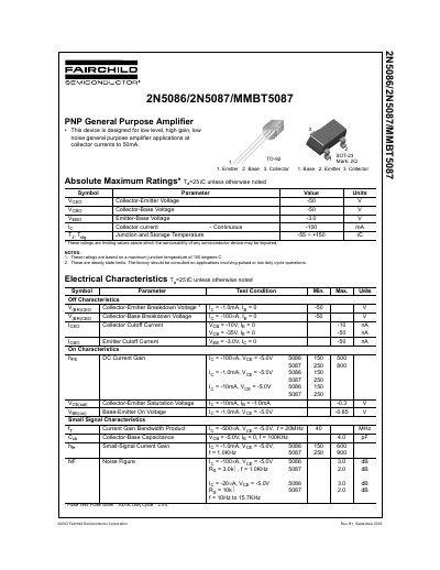 Fairchild Semiconductor 2N5086/2N5087/MMBT5087 PNP General Purpose Amplifier Datasheet