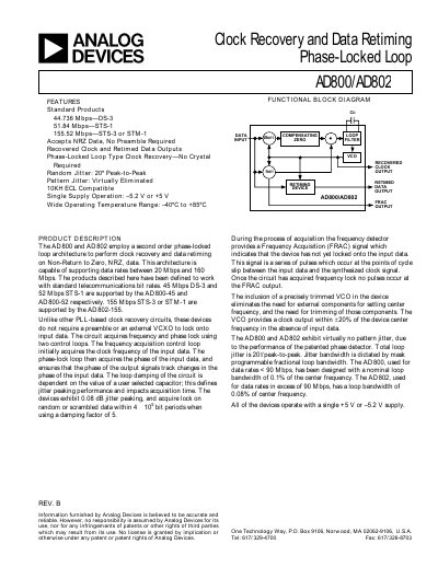 Analog Devices AD800/AD802 Data Recovery and Data Retiming PLL Datasheet - cover page