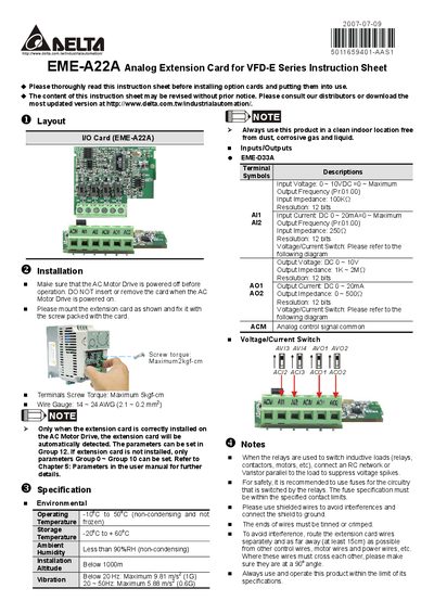 Delta EME-A22A Analog Extension Card Instruction Sheet