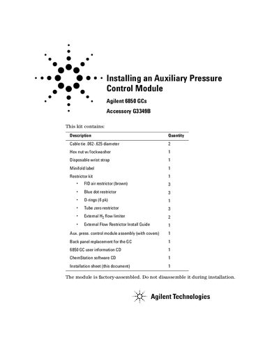 Agilent 6850 Gas Chromatograph Installing an Auxiliary Pressure Control Module Manual - cover page