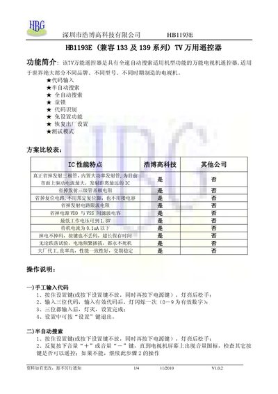 Shenzhen haobogao technology HB1193E ( compatible 133 139 series) TV universal remote Manual - cover page