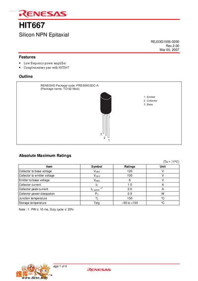 Renesas HIT667 Silicon NPN Epitaxial Transistor Datasheet - cover page