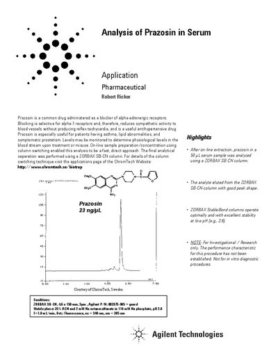 Agilent Analysis of Prazosin in Serum Application Note - cover page