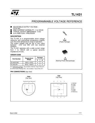 STMicroelectronics TL1431 Programmable Voltage Reference Datasheet - cover page
