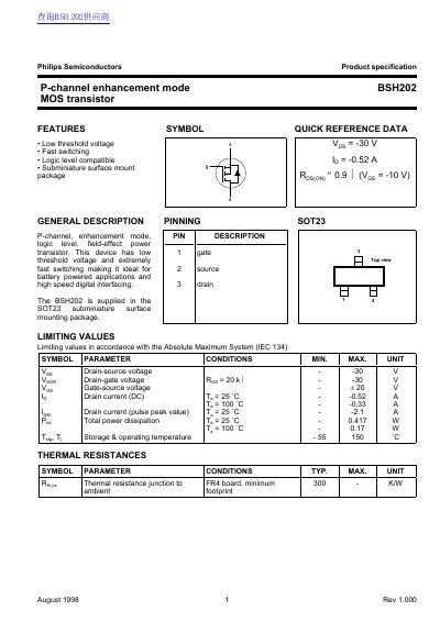 Philips BSH202 MOS Transistor Product Specification - cover page