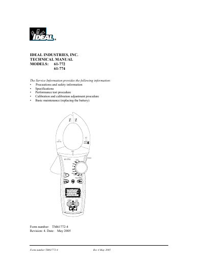 IDEAL 61-772/61-774 Multimeter Technical Manual - cover page