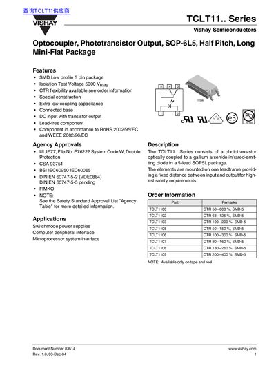 Vishay TCLT11 Series Optocoupler Datasheet - cover page
