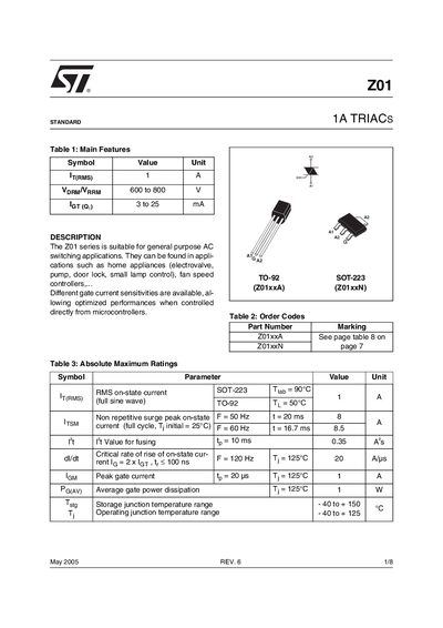STMicroelectronics Z01 Triac Datasheet - cover page