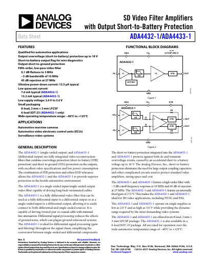 Analog Devices ADA4432-1/ADA4433-1 SD Video Filter Amplifiers Data Sheet