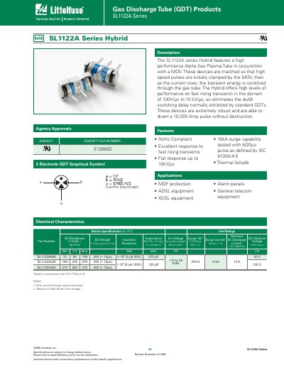 Littelfuse SL1122A Series Gas Discharge Tube Datasheet - cover page