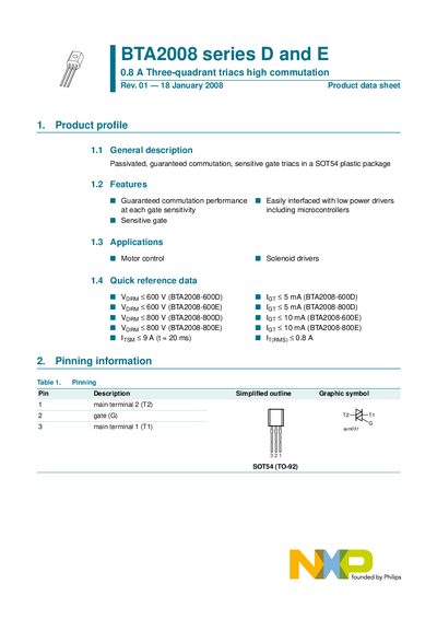 NXP BTA2008 Series D and E Triac Datasheet