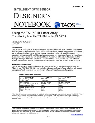 TAOS TSL1401R Linear Array Designer’s Notebook - cover page