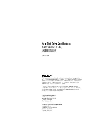 Maxtor Hard Disk Drive Specifications for Models 546106, 53073H4, 52049H3, 51536H2 - cover page