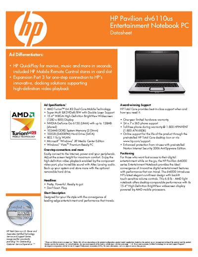 HP Pavilion dv6100us Entertainment Notebook Manual - cover page