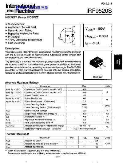 International Rectifier IRF9520S P-Channel MOSFET Datasheet - cover page