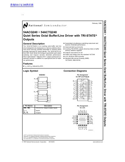 National Semiconductor 54ACQ240/54ACTQ240 Quiet Series Octal Buffer/Line Driver Datasheet - cover page
