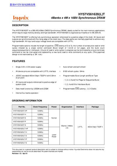 Hyundai HY57V561620(L)T 4Banks x 4M x 16Bit Synchronous DRAM Datasheet - cover page