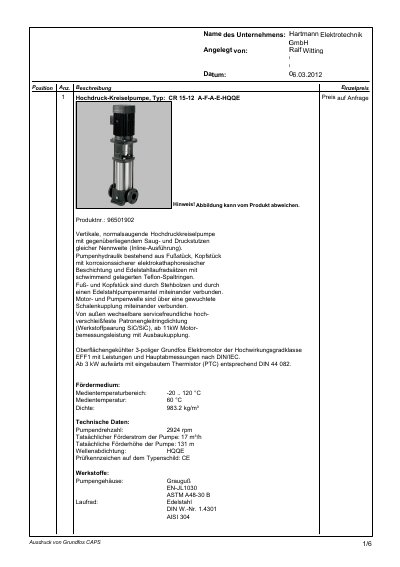 Grundfos CR 15-12 A-F-A-E-HQQE Technology Data - cover page