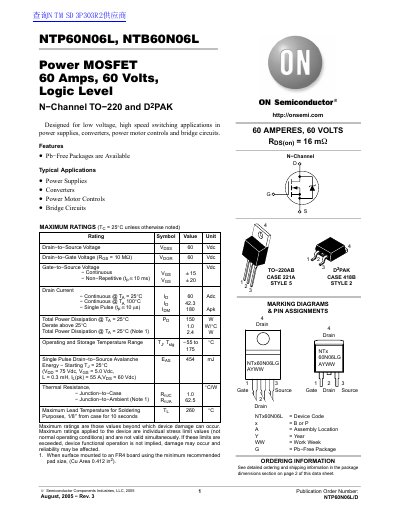 ON Semiconductor NTP60N06L/NTB60N06L Power MOSFET Datasheet - cover page