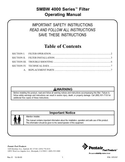 Pentair SMBW 4000 Series Filter Operating Manual - cover page