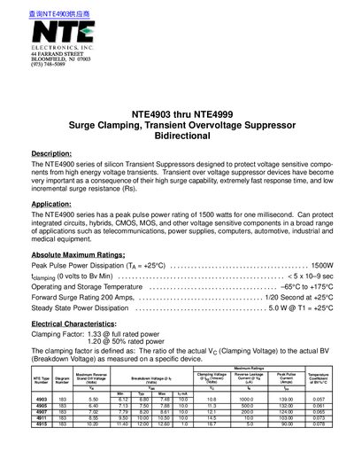 NTE NTE4903 thru NTE4999 Surge Clamping Transient Overvoltage Suppressor Bidirectional Datasheet - cover page