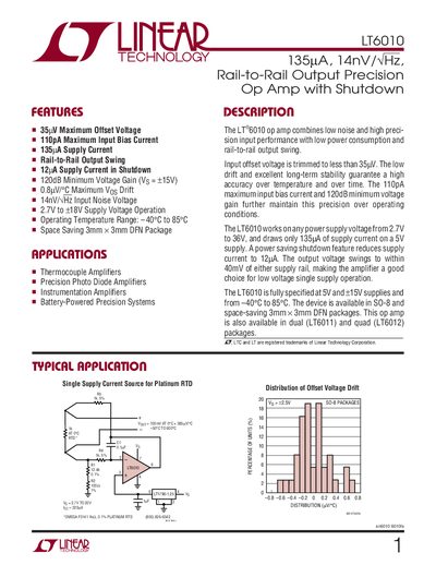 Linear Technology LT6010 Precision Op Amp Datasheet - cover page