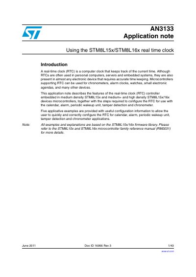 STMicroelectronics STM8L15x/STM8L16x Real-Time Clock Application Note AN3133